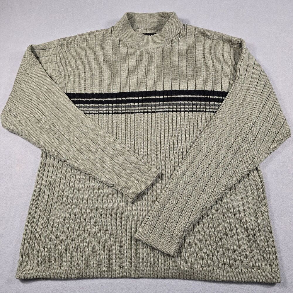 Adolfo Men's Large Olive Shade Mock Neck Ribbed Pullover Sweater Black Stripes